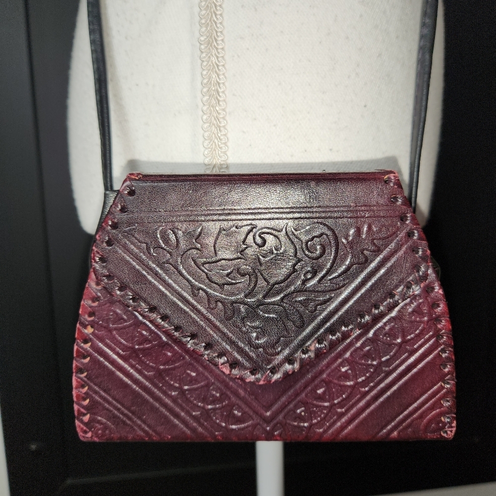 Vintage Moroccan Magic  Leather Embossed  Cross Body Mini Purse 1970's